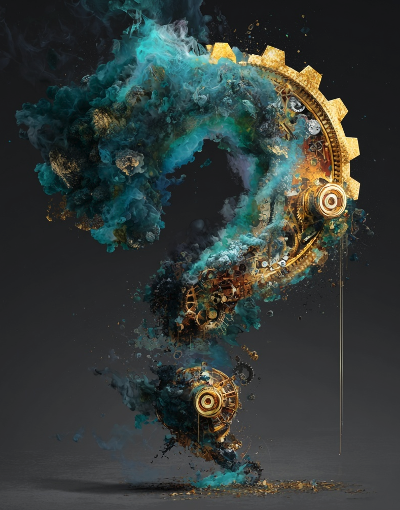 A question mark made of cyan smoke and gold clockwork gears — the process eats the question